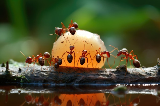 Фото Группа муравьев, работающих вместе, чтобы нести еду, созданную с помощью генеративного ии