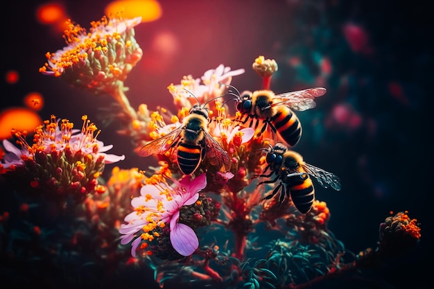 Фото Группа пчел занята сбором нектара с ярких летних цветов.