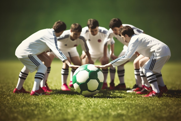 写真 サッカーボールの周りに群がる少年たちのグループ