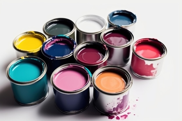 사진 벽 을 칠 하고 집 을 수리 하기 위한 페인트 캔 들