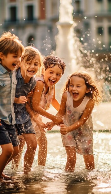 Группа детей, играющих в фонтане в жаркий летний день