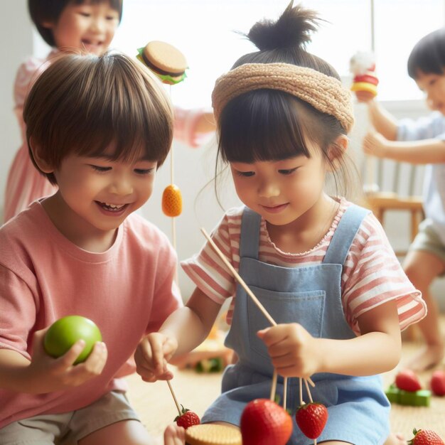 사진 사과를 가지고 놀고 있는 한 무리의 아이들 그리고 그 위에 체리라는 단어가 새겨진 막대기