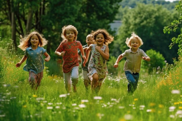 Фото Группа детей бегает по траве