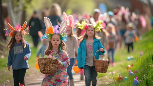사진 토끼 귀 를 입은 어린이 들 의 한 집단 은 부활절 달 의 바구니 를 들고 있다