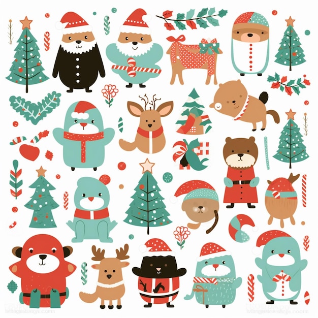 사진 다양한 색상 생성 ai의 크리스마스 동물과 나무 그룹