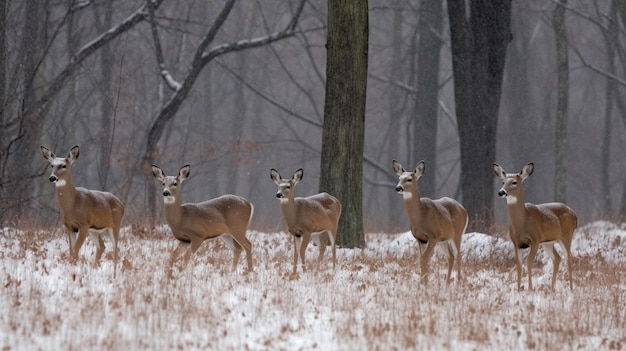 Фото Группа оленей в заснеженном лесу