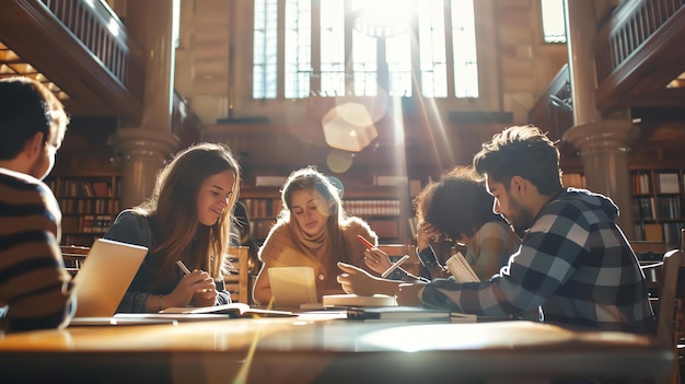 写真 図書館で一緒に勉強している様々な大学生のグループ彼らはみんな本を見て何かについて議論しています