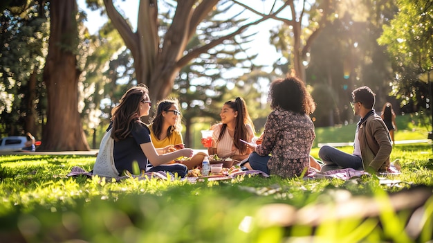 写真 公園でピクニックを楽しんでいる多様な友達のグループ彼らは毛布の上に座って食べ物を食べ話し合っています背景には木があります