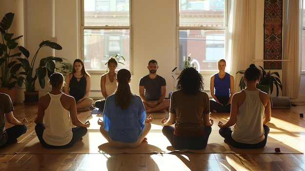 写真 a group of diverse people are sitting in a circle on yoga mats in a studio with large windows