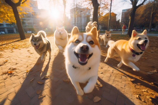 写真 公園で一緒に遊んだり走ったりする犬のグループ 生成 ai