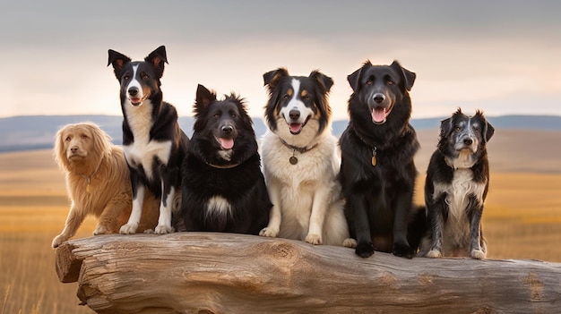 写真 丸太の上に座る犬の群れ