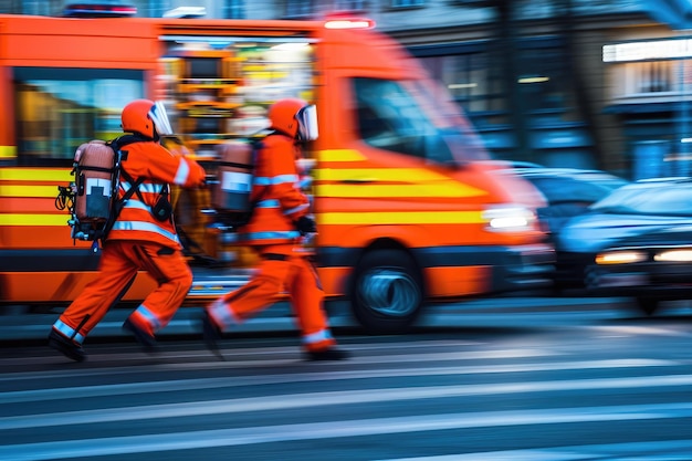 Фото Группа аварийного персонала, включая пожарных, полицейских и фельдшеров, идущих в унисон, когда они пересекают улицу вместе.