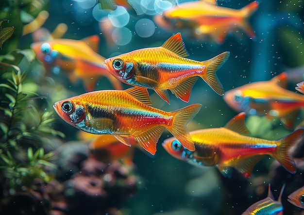 写真 緑の背景の水族館の魚の群れ