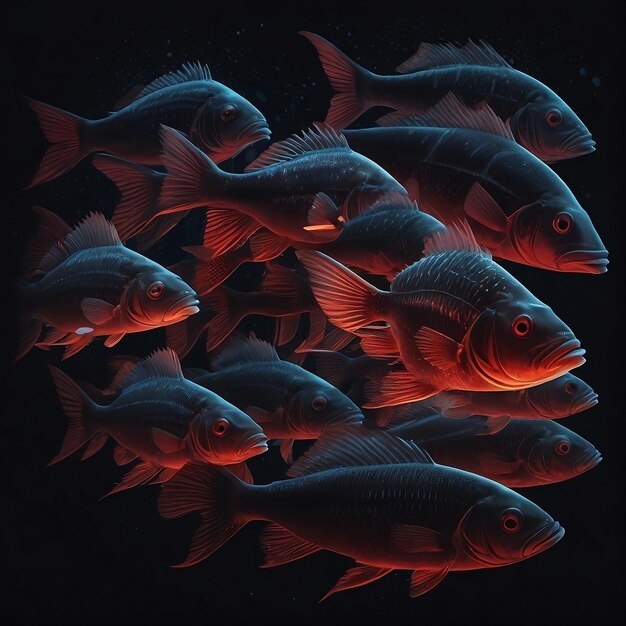 사진 한 줄에 있는 물고기 그룹