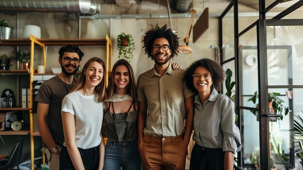 写真 5人のビジネスプロフェッショナルが現代的なオフィスで写真を撮るためにポーズをとりみんな笑顔でカジュアルな服を着ています