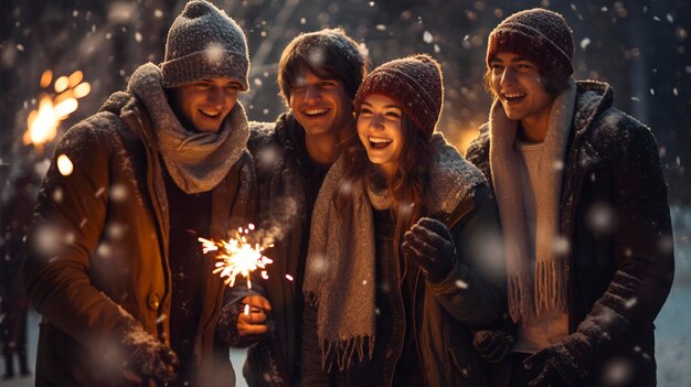 Фото Группа друзей празднует зажигание искр веселое счастье улыбки поколение ии