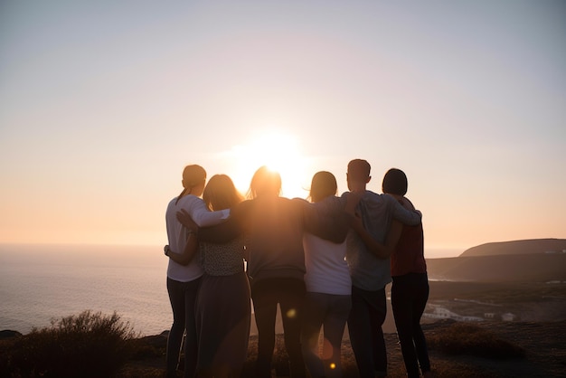 写真 海沿いの丘の上で夕日を眺めながら抱き合う友人たち