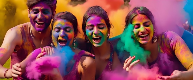 Фото Группа друзей, мазящих цветные порошки друг на друга, играют в момент холи.