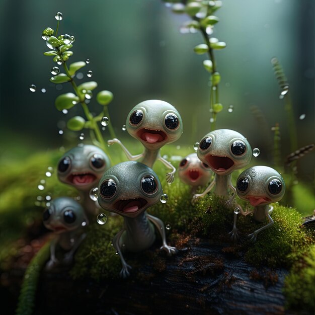 Фото Группа лягушек на бревне с каплями воды на заднем плане