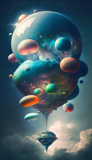 Фото Группа глянцевых воздушных шаров в форме нло, плавающих в воздухе над облаками