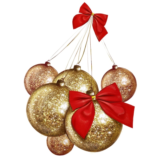 Фото Группа золотых рождественских шаров с красными луками в иллюстрации.