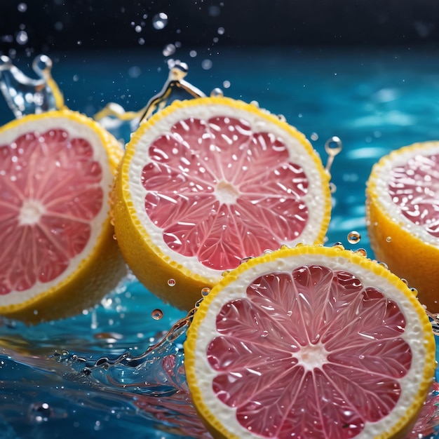 Фото Группа грейпфрутов брызгают водой на синей поверхности с синим фоном и