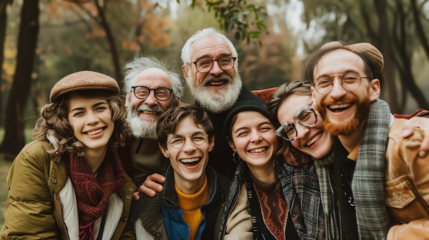 写真 いろいろな年齢の幸せで多様な人々のグループが公園で写真を撮るポーズをとっています彼らはみんな笑顔で笑いながらカジュアルな服を着ています