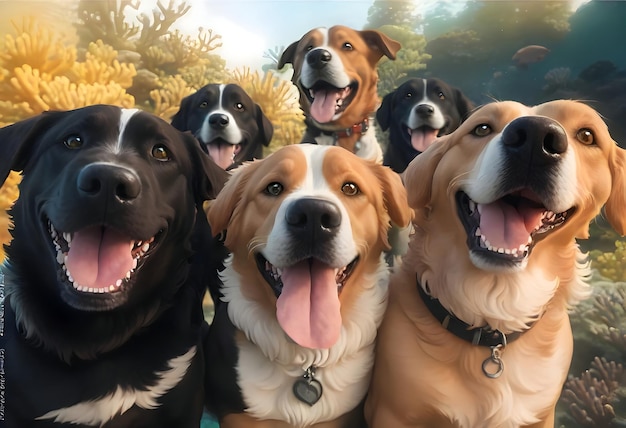 写真 幸せな犬のグループが前方に1匹のクローズアップを生成しました