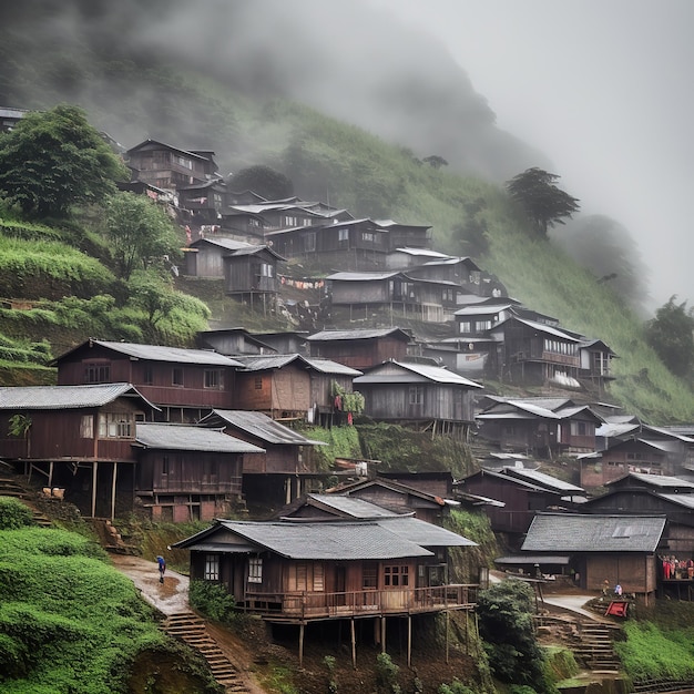 写真 緑の丘を背景にした丘の中腹の家群。