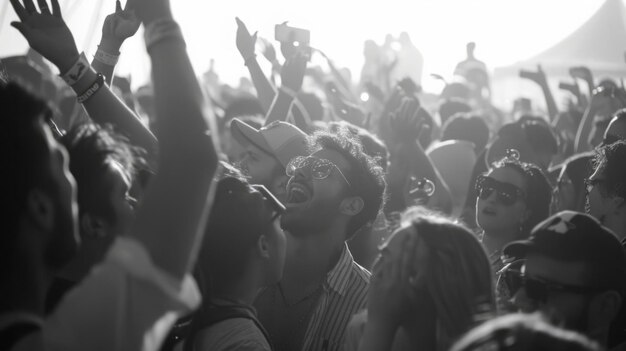 사진 콘서트 장소에 모인 한 무리의 사람들이 공중으로 손을 높이 들고