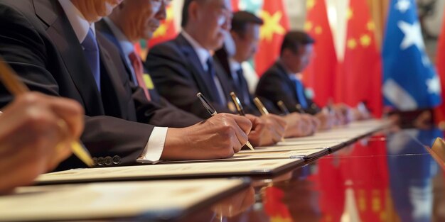 写真 a group of men are sitting at a table with flags in the background