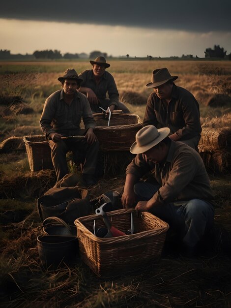 Фото Группа мужчин сидит в поле с корзиной