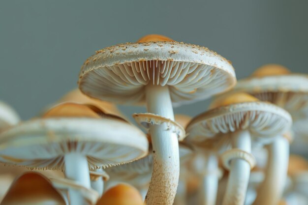 Фото Группа грибов растет на сером фоне