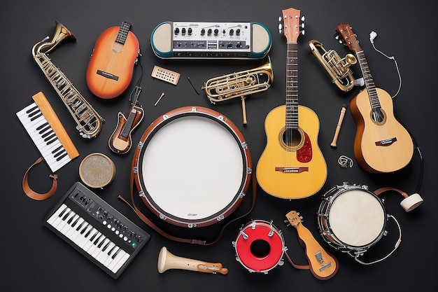 사진 기타 드럼 키보드 부린 을 포함 한 음악 악기 들 의 집단