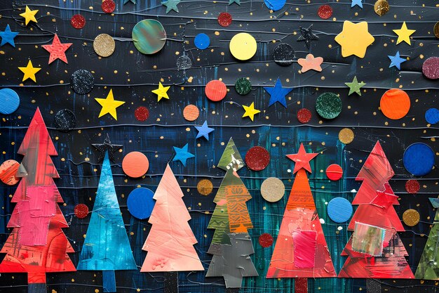 写真 壁の紙のクリスマスツリーの群れに星とサークルが並びスペーステーマが描かれています