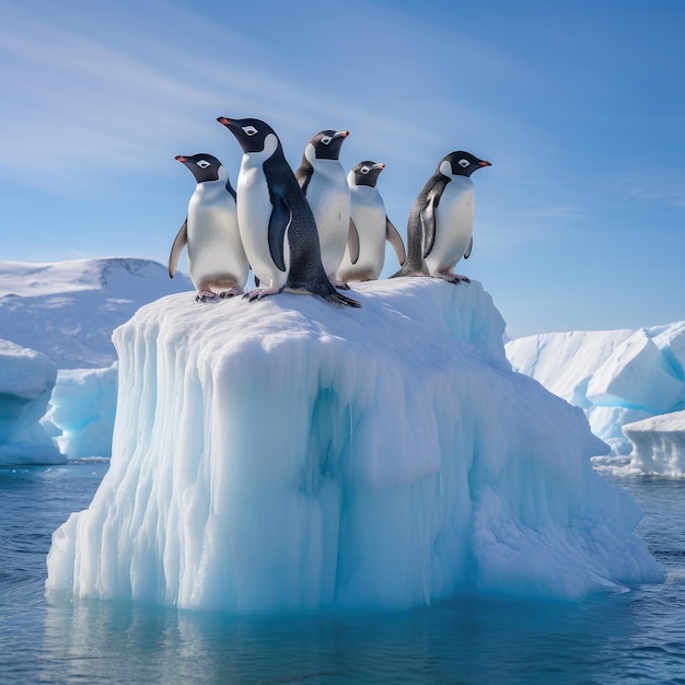 写真 氷山の上のペンギンの群れ人工知能によって生成された雪の海岸線で歩き回るゲントゥーペンギン