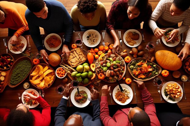 Фото Группа людей собралась за столом с едой.