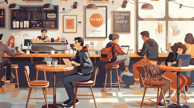 写真 a group of people are sitting in a coffee shop they are all using their laptops and drinking coffee