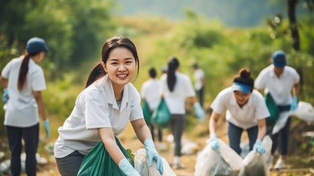 사진 한 무리의 사람들이 쓰레기를 모으기 위해 장갑을 사용하고 있다