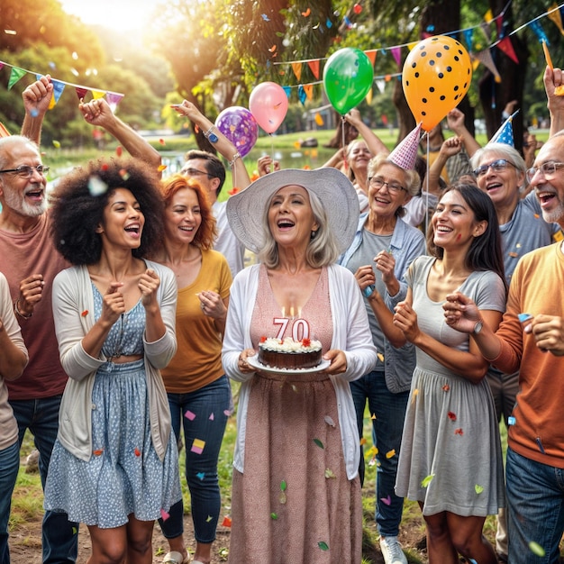 Фото Группа людей празднует день рождения с воздушными шарами и тортом со словом 