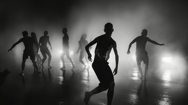 사진 어 속에서 춤을 추는 사람들의 그룹은 그들의 뒤에 불빛이 있습니다.