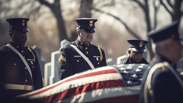 사진 제복을 입은 한 무리의 사람들이 미국 국기가 새겨진 묘지에 서 있습니다.