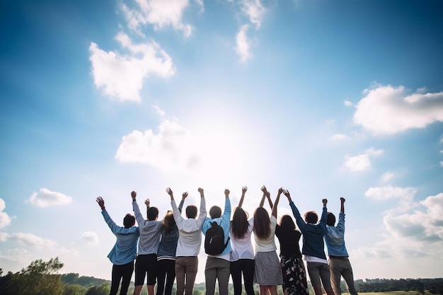 写真 空中に手を上げている人々のグループ