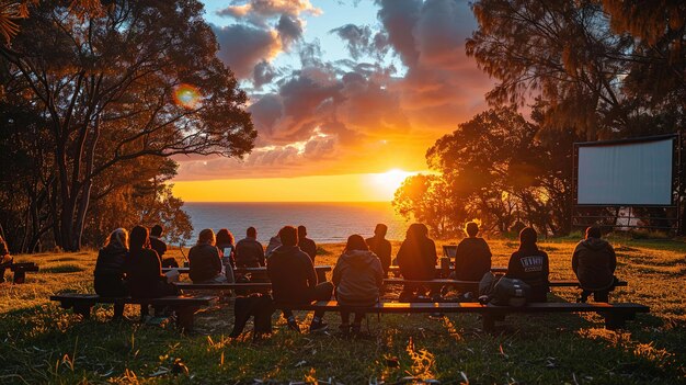 Фото Группа людей сидит на скамейке и смотрит на закат.