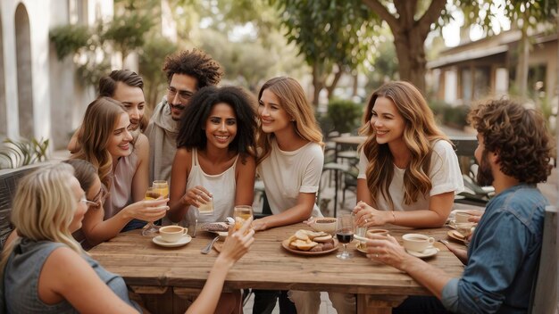 写真 木のテーブルの周りに座って食べ物を食べたり、ワインを飲んだりする人々のグループ