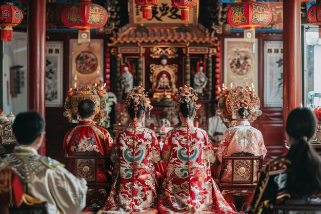 写真 神社 の 前 に 座っ て いる 人 たち の グループ