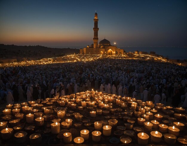 사진 한 무리의 사람들이 모스크 앞에 서서 중간에 불을 켜고 있다.