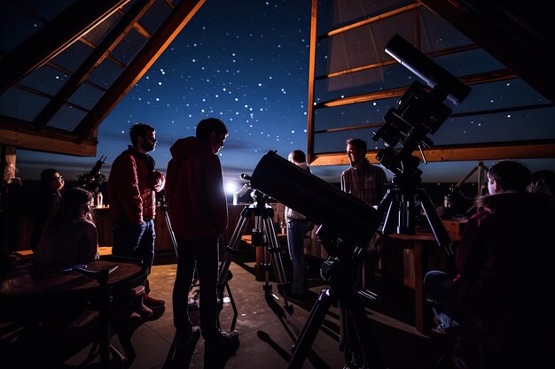 사진 망원경 주위에 서 있는 한 무리의 사람 들