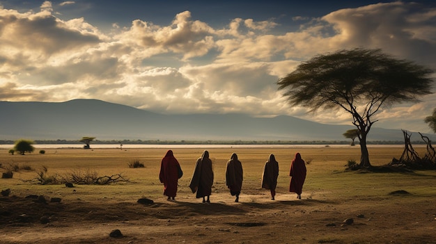 写真 山を背景に乾いた湖を歩く人々のグループ。