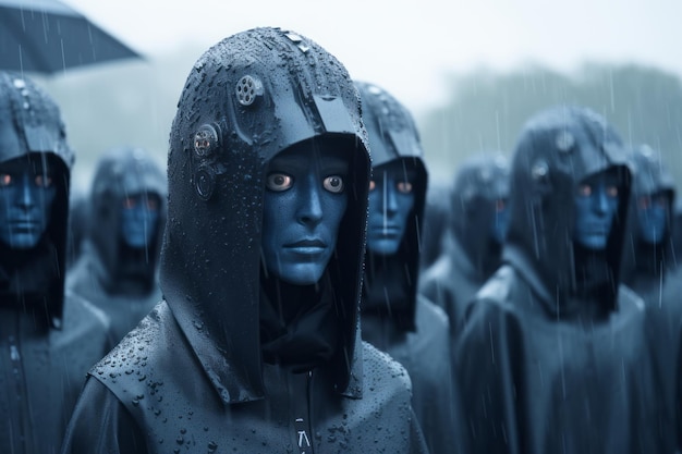 写真 雨の中、青いマスクとフードをかぶった人々のグループ